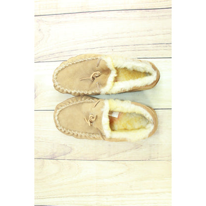 LL Bean Women's Brown Suede Wicked Good Shearling Lined Moccasin Slippers Sz 7 M