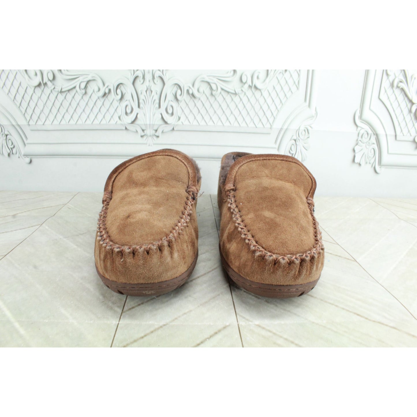 LL Bean Men's Brown Suede Shearling Lined Wicked Good Venetian Slippers Size 9 M