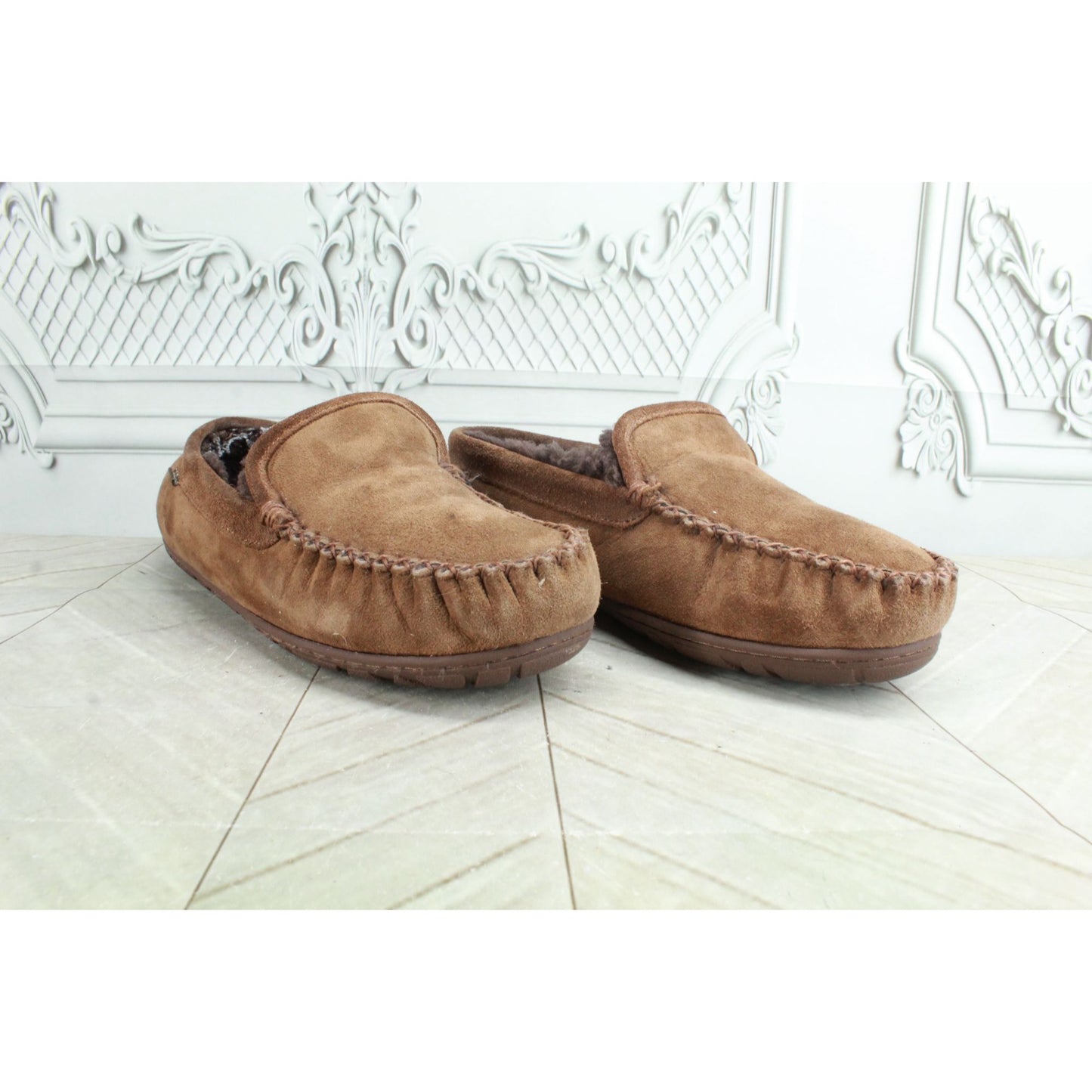 LL Bean Men's Brown Suede Shearling Lined Wicked Good Venetian Slippers Size 9 M