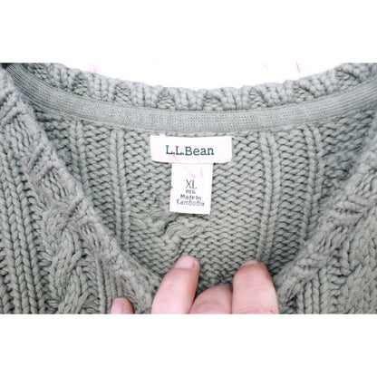 LL Bean Women's Double L Mixed Classic Cable Sweater Cotton Bay Leaf Size XL