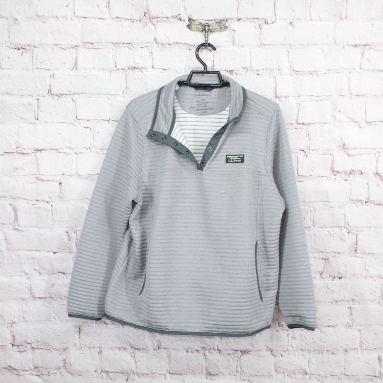 LL Bean Women's Airlight Knit Pullover Sweater Quilted Gray Heather Size L Pet