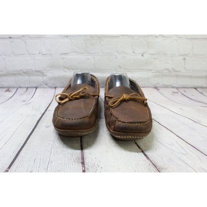 LL Bean Men's Brown Leather Slip On Flannel-Lined Handsewn Slippers Size 12 M