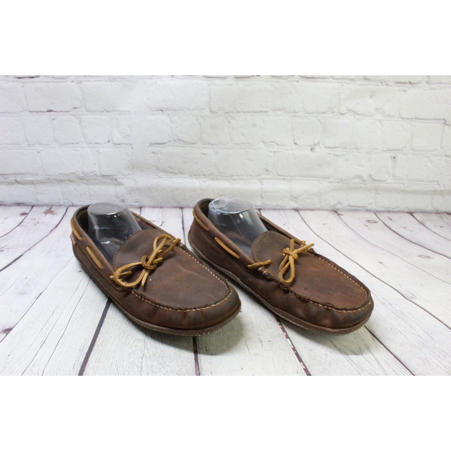 LL Bean Men's Brown Leather Slip On Flannel-Lined Handsewn Slippers Size 12 M