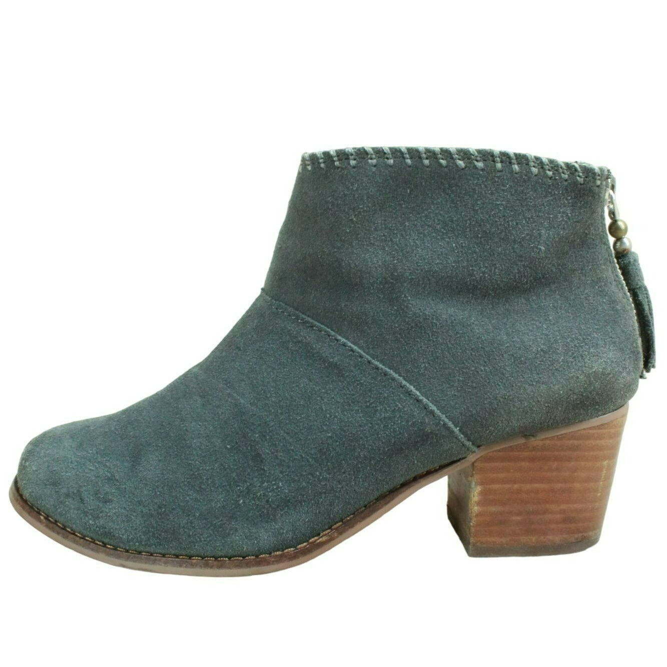 Toms Leila Women's Gray Suede Tasseled Back Zip Ankle Heeled Booties Size 8.5