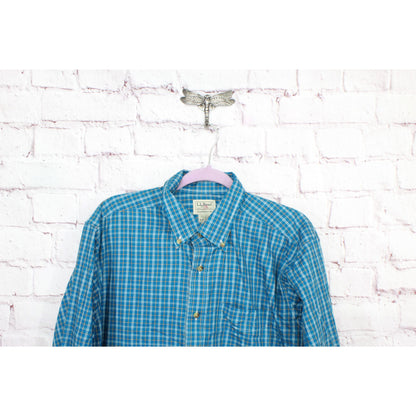 LL Bean Men's Wrinkle Free Twill Sport Shirt Traditional Fit Plaid Blue Size L