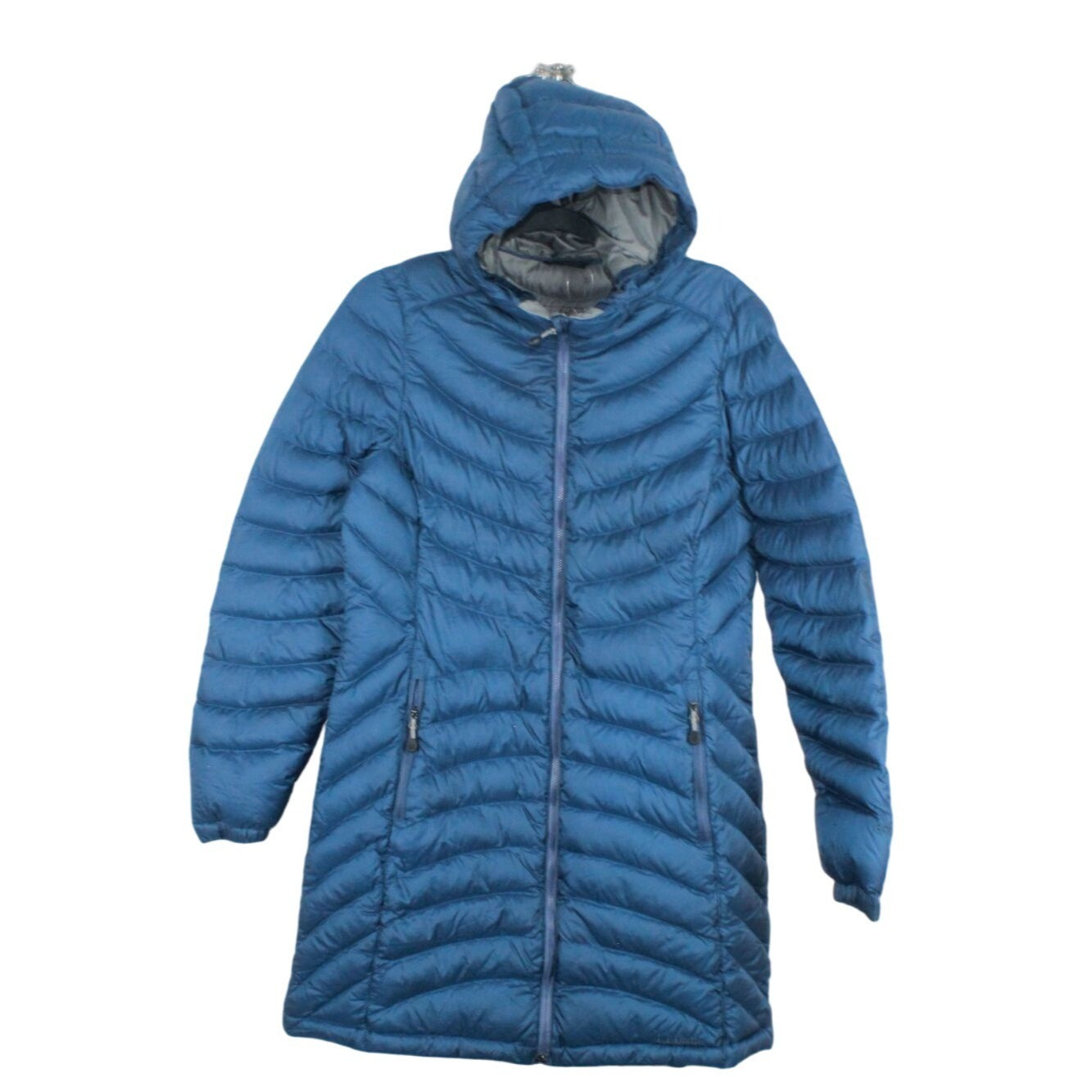 LL Bean Women's Ultralight 850 Down Hooded Coat Three Quarter Length Blue Small