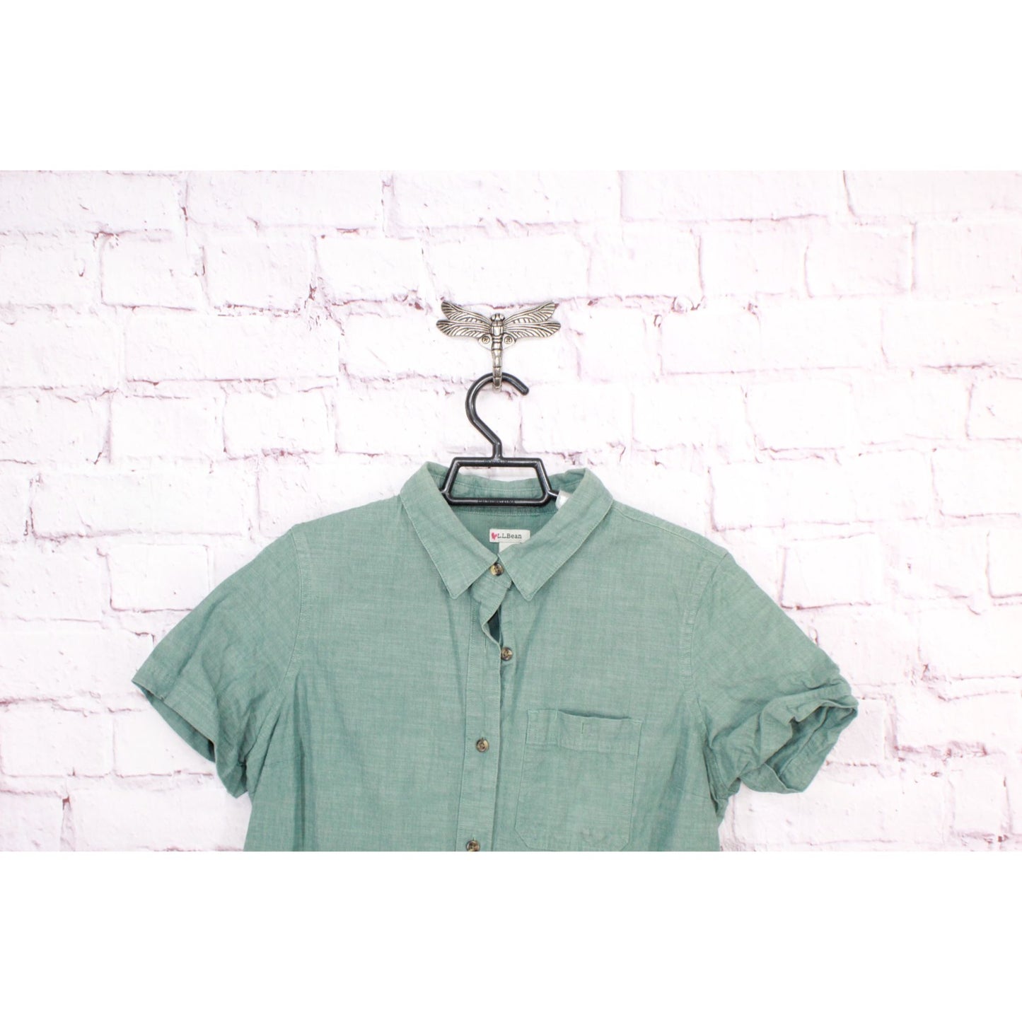 LL Bean Women's Essential Cotton Poplin Shirt Short Sleeve Green Size M