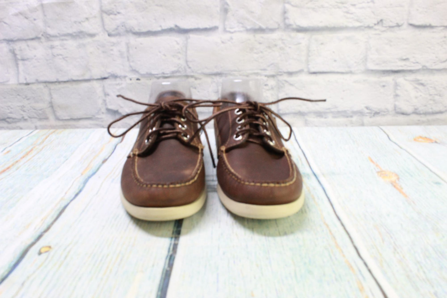 LL Bean Men's Brown Leather Lace Up Handsewn Boat Loafer Shoes Size 7.5 D