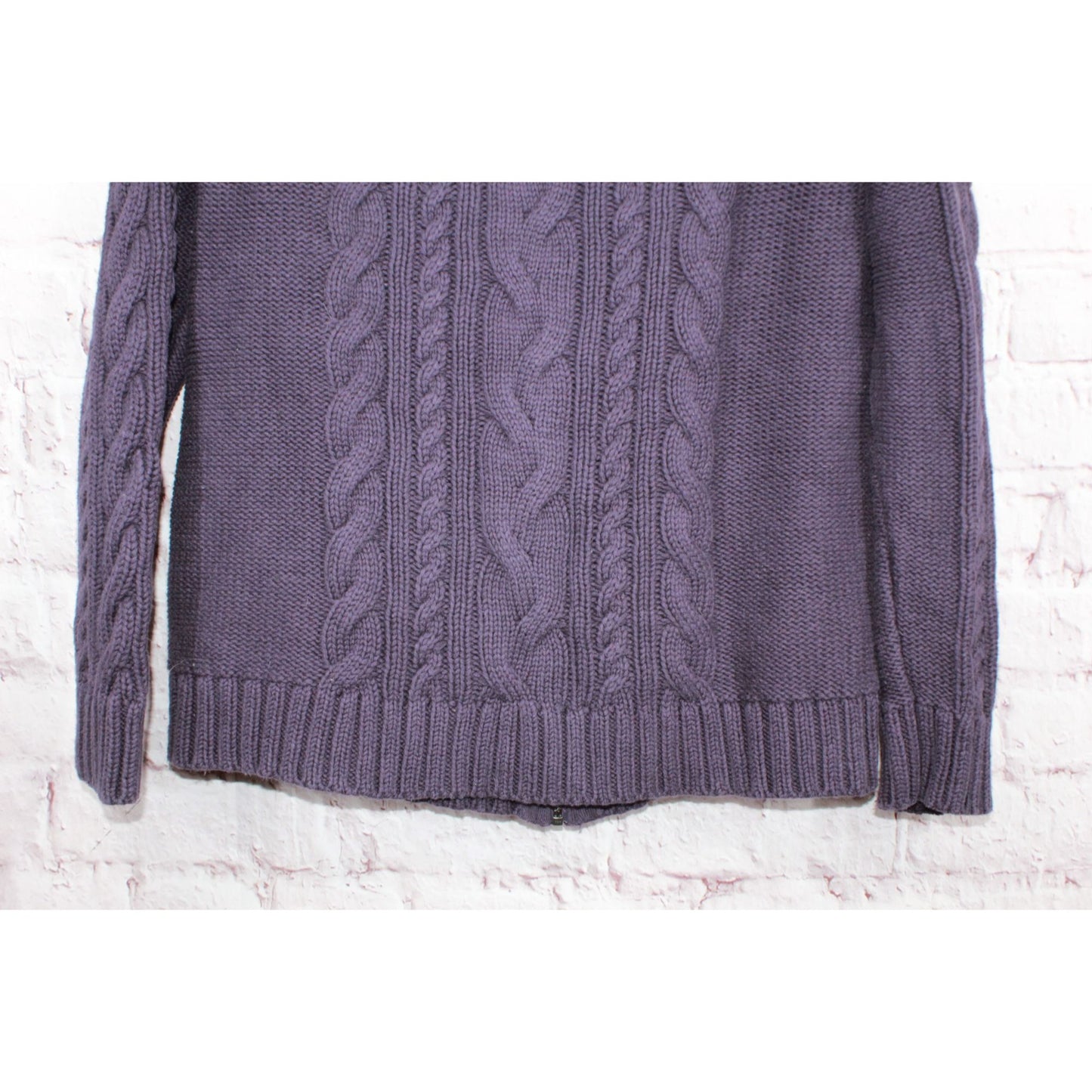 LL Bean Women's Double L Cable Sweater Zip Cardigan Cotton Dark Purple XL