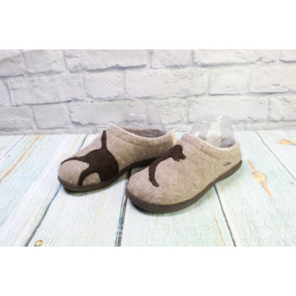 LL Bean Women's Tan Wool Slip On Dog Motif Daybreak Slipper Scuffs Size 6 M