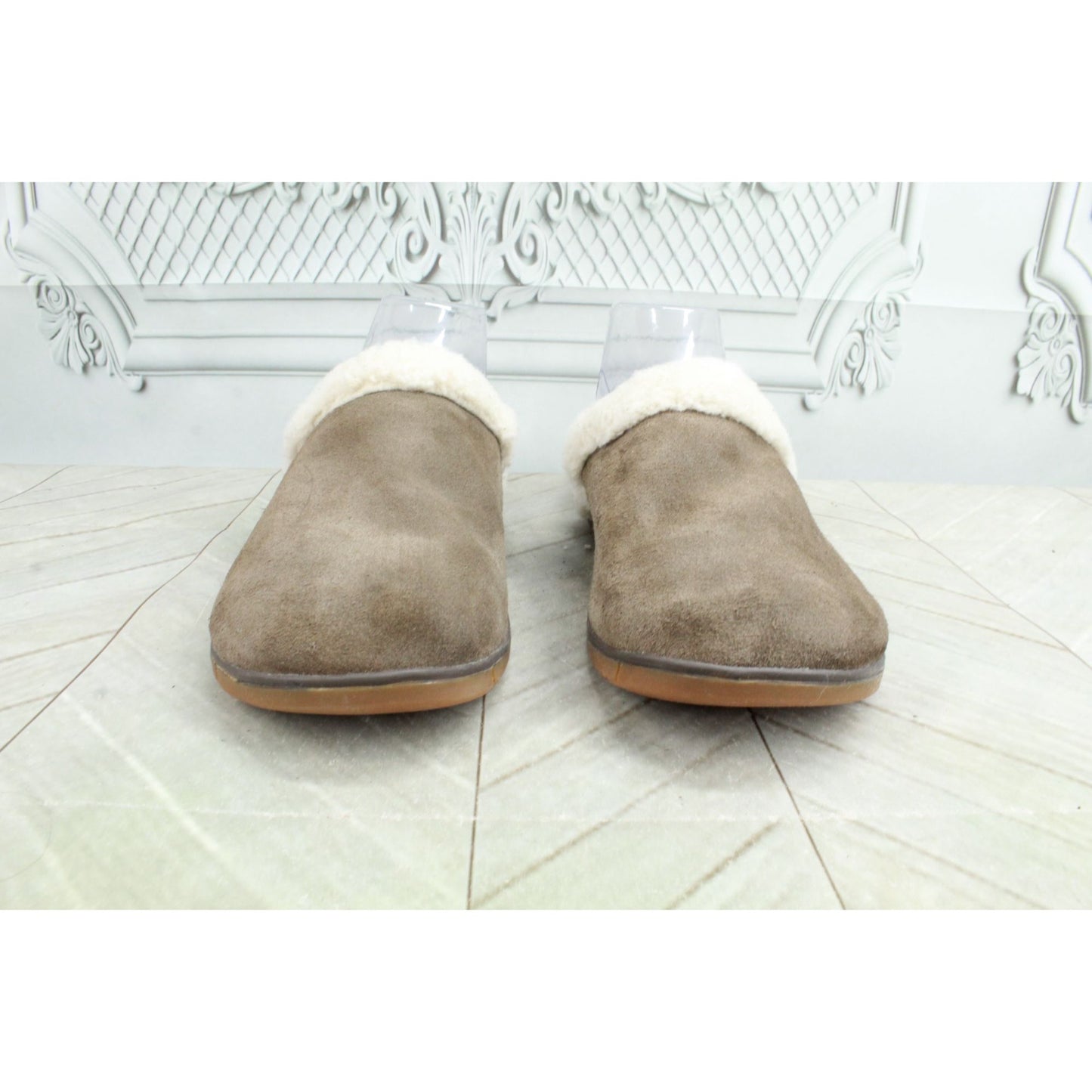 LL Bean Women's Go Anywhere Cozy Clog Fur Trim Suede Dark Cement Natural 10 M