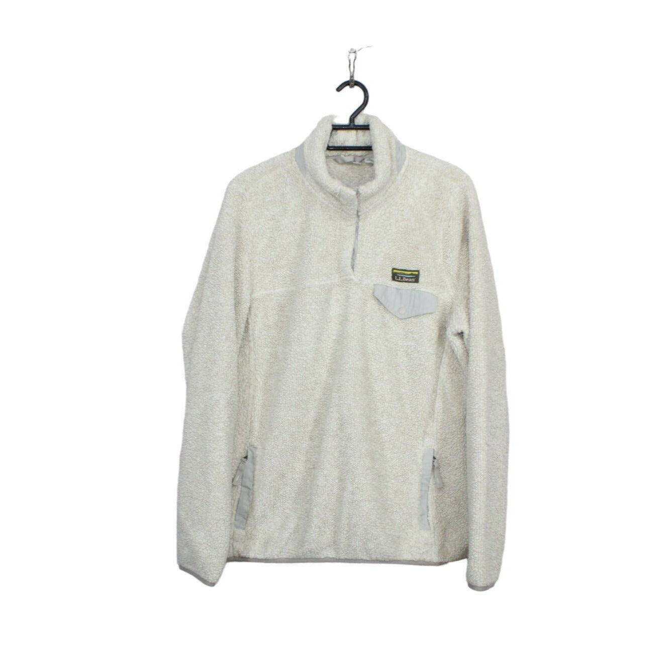 LL Bean Women's Hi-Pile Fleece Pullover Quarter Snap Kangaroo pocket Cream L