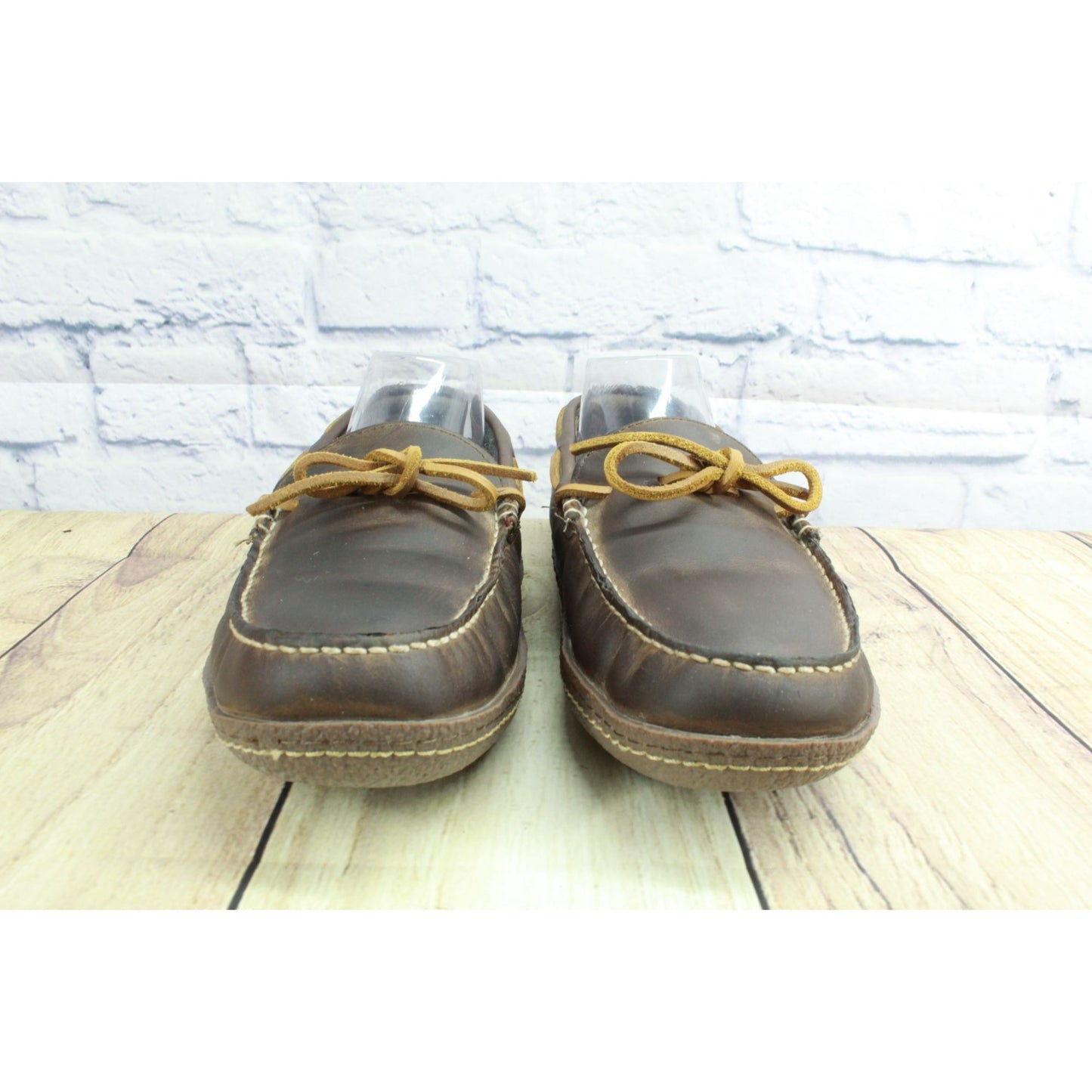 LL Bean Men's Brown Leather Flannel Lined Handsewn Moccasin Slippers Size 10 M