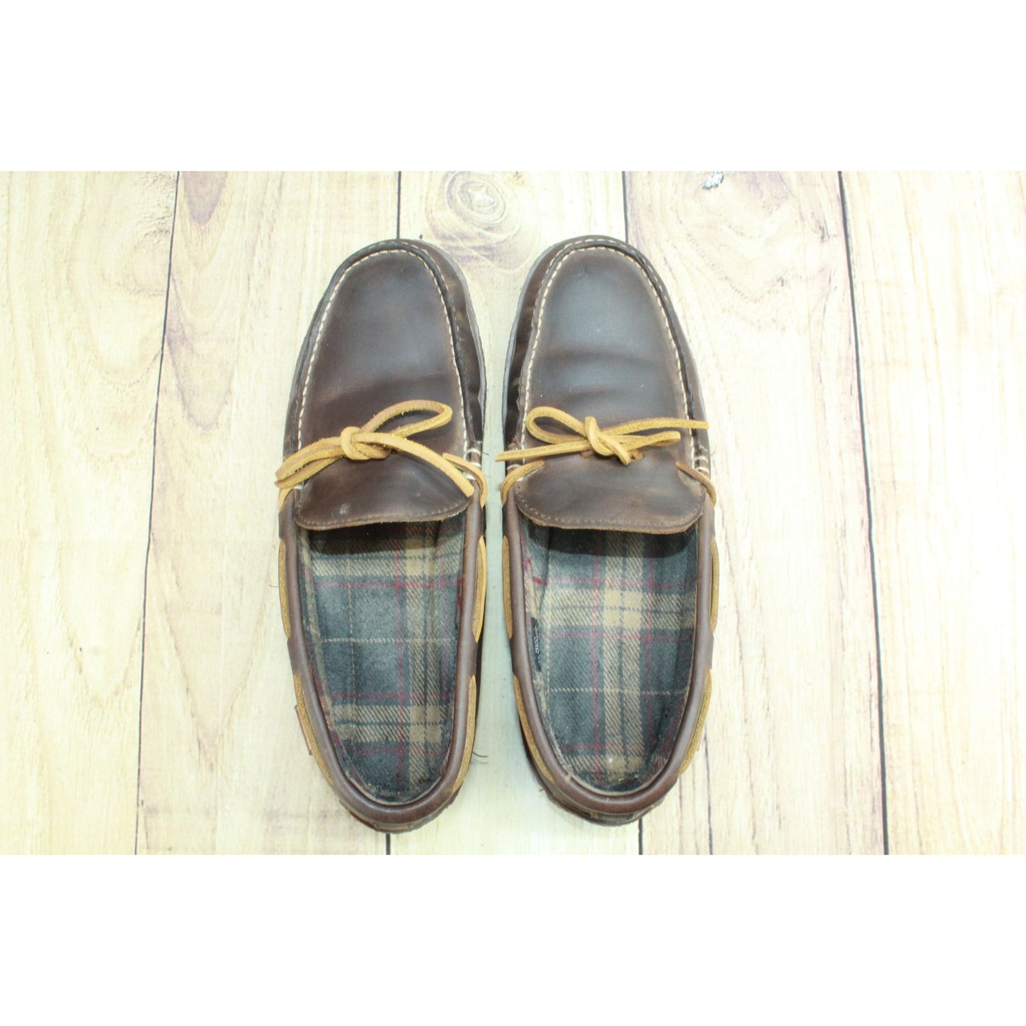 LL Bean Men's Brown Leather Flannel Lined Handsewn Moccasin Slippers Size 10 M