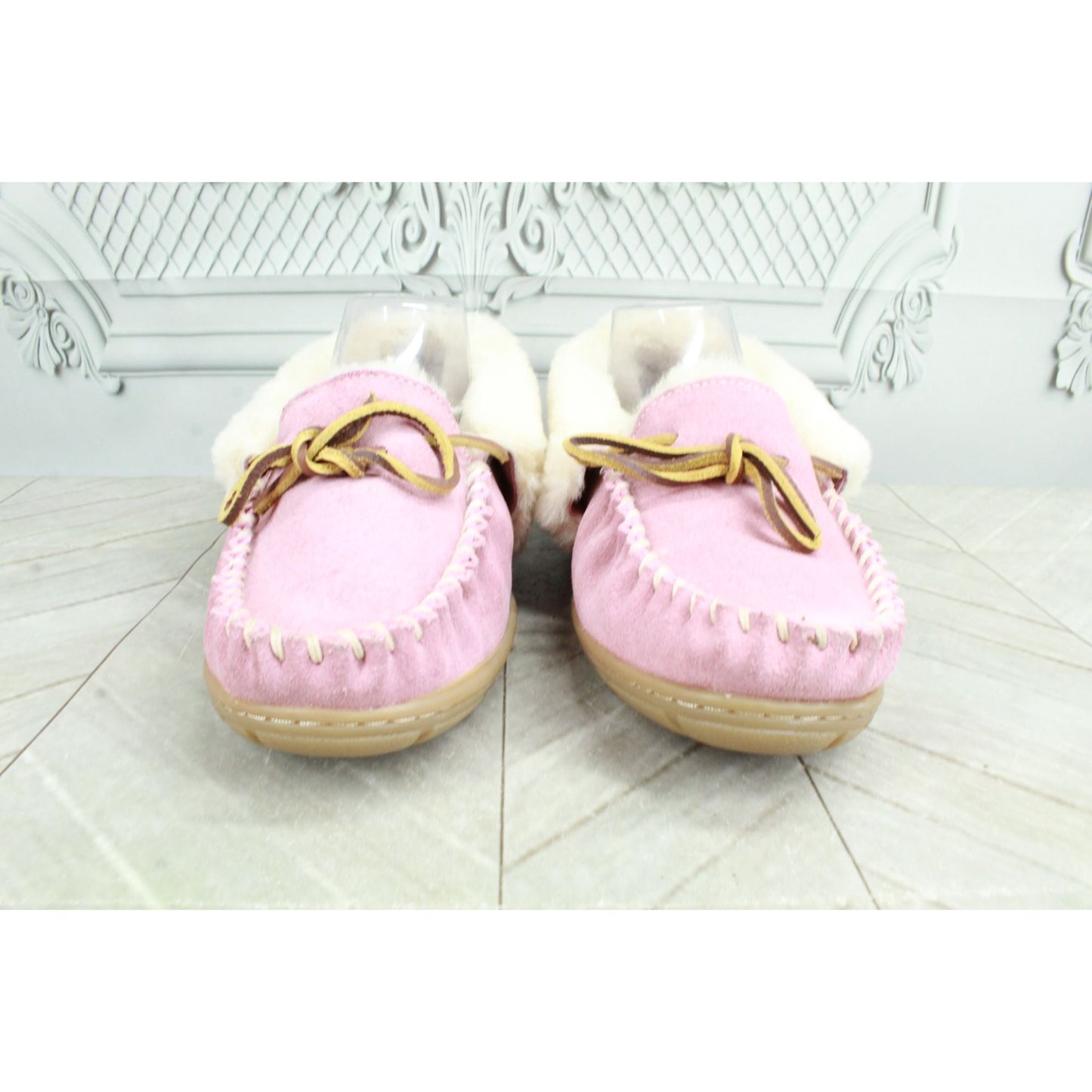 LL Bean Womens Pink Suede Wicked Good Shearling Lined Moccasin Slippers Size 8 M