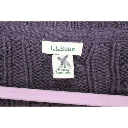 LL Bean Women's Double L Cable Sweater Zip Cardigan Cotton Dark Purple XL