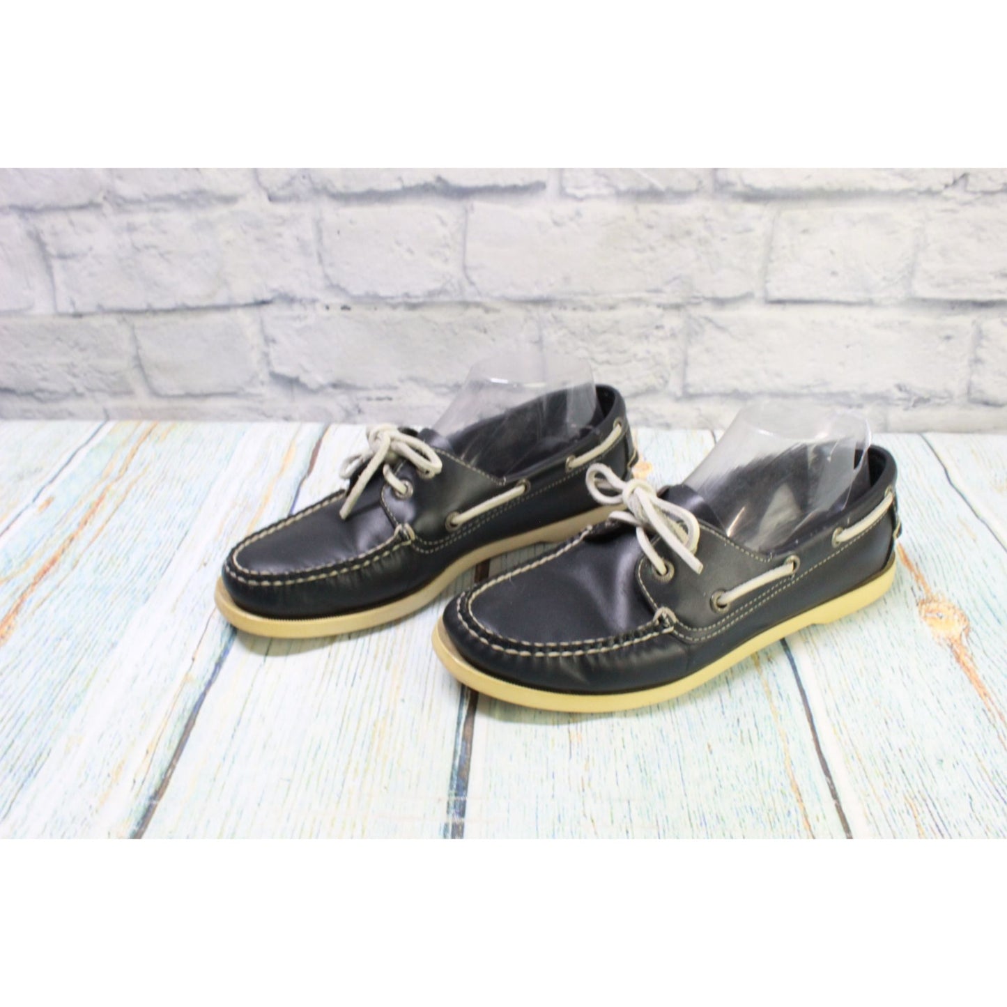 LL Bean Women's Navy Blue Leather Lace Up Comfort Boat Loafer Shoes Size 8 M