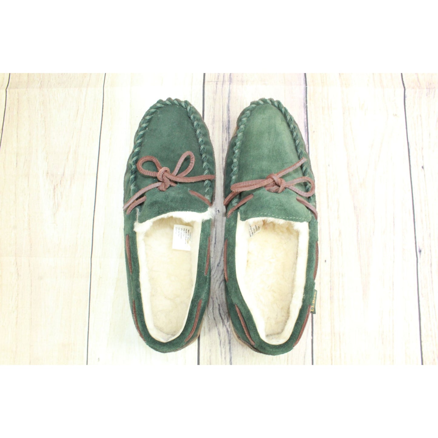 LL Bean Men's Green Suede Wicked Good Shearling Lined Moccasin Slippers Size 8 M