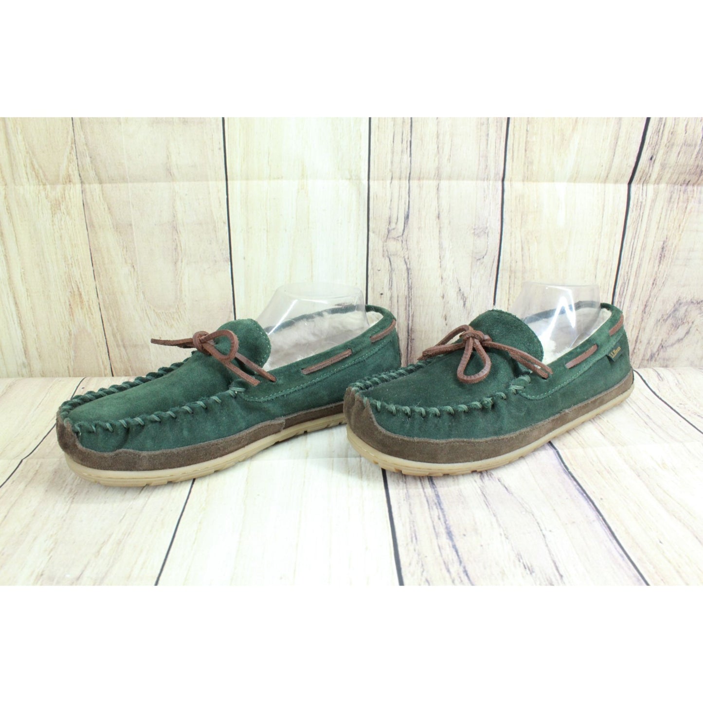 LL Bean Men's Green Suede Wicked Good Shearling Lined Moccasin Slippers Size 8 M