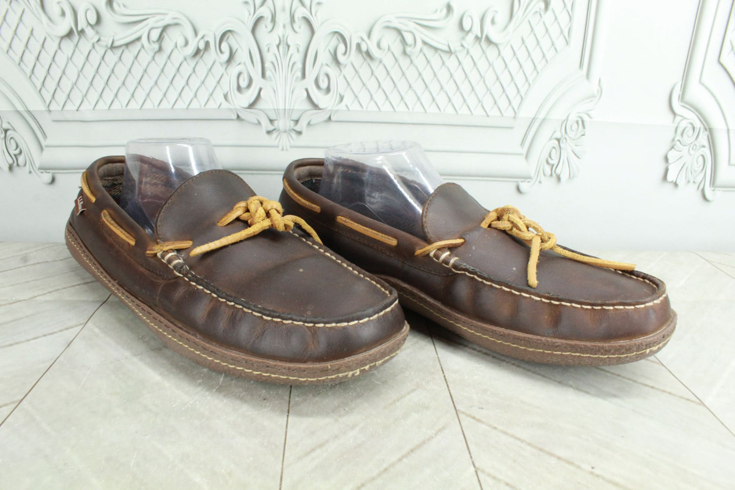 LL Bean Men's Brown Leather Slip On Comfort Flannel-Lined Handsewn Slippers 10 M