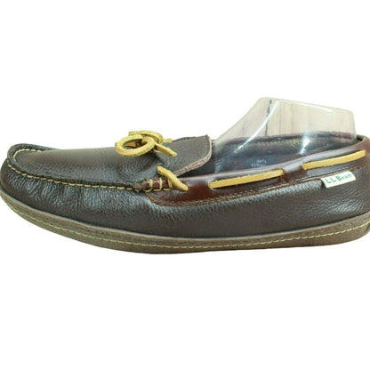 LL Bean Men's Brown Leather Slip On Flannel-Lined Handsewn Slippers Size 10 M