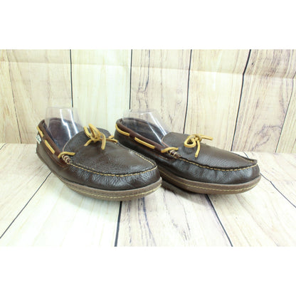 LL Bean Men's Brown Leather Slip On Flannel-Lined Handsewn Slippers Size 10 M