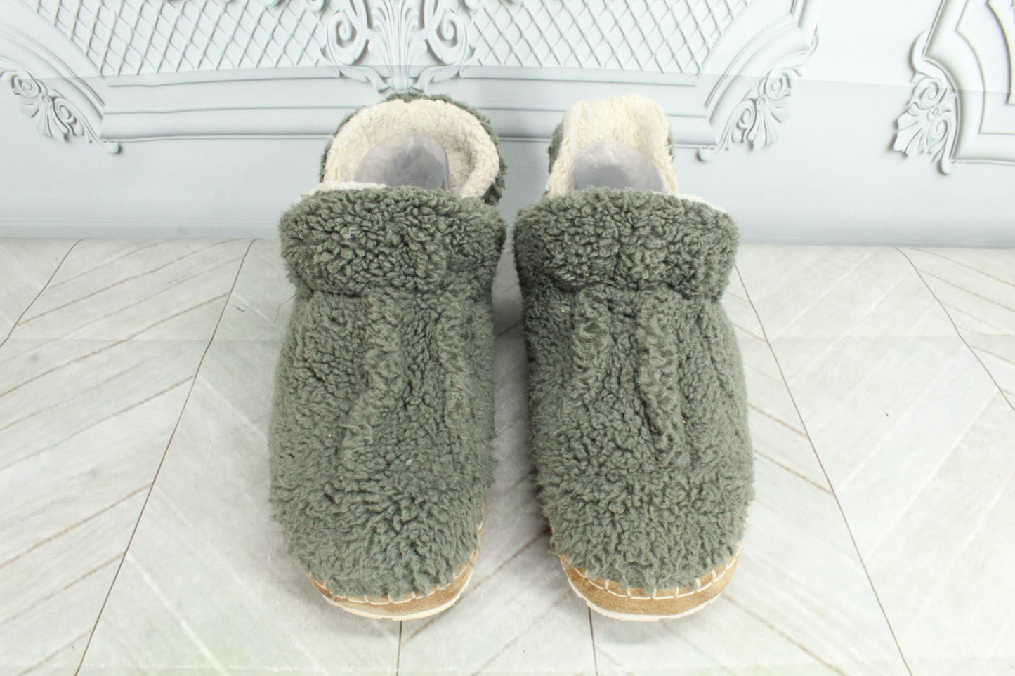 LL Bean Women's Kelp Green Pile Fleece Lined Cozy Slipper Booties Size 9 M