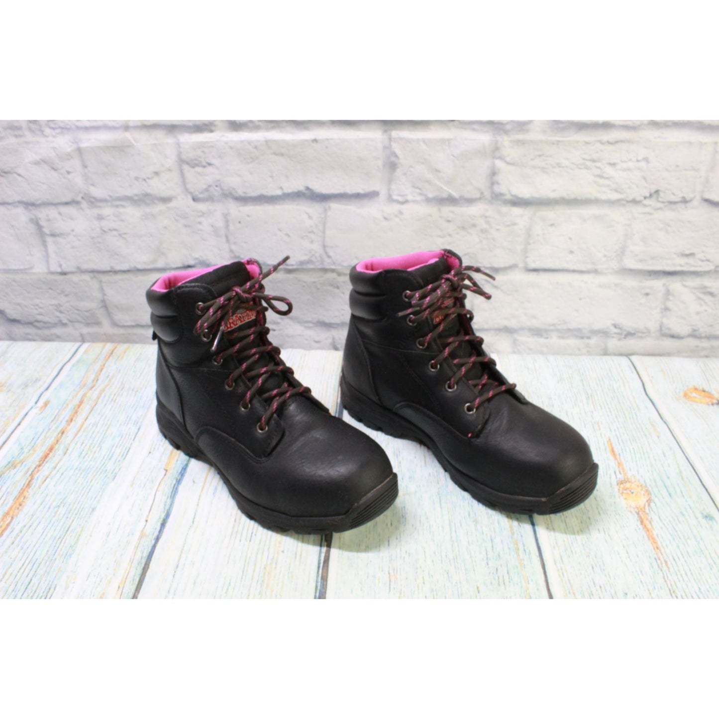 Brahma Women's Black Leather Lace Up Round Toe Steel Toe Ankle Work Boots Size 7