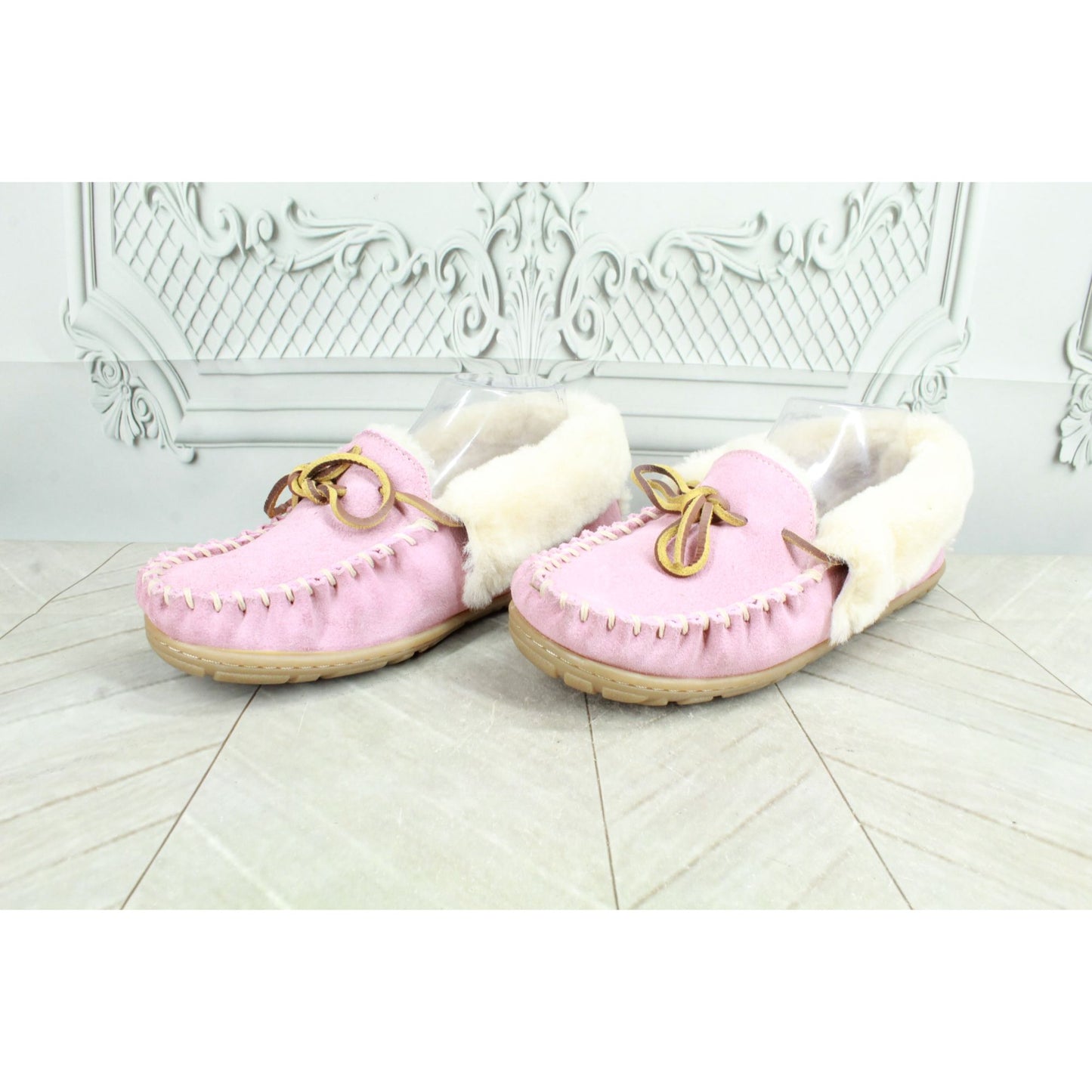 LL Bean Womens Pink Suede Wicked Good Shearling Lined Moccasin Slippers Size 8 M