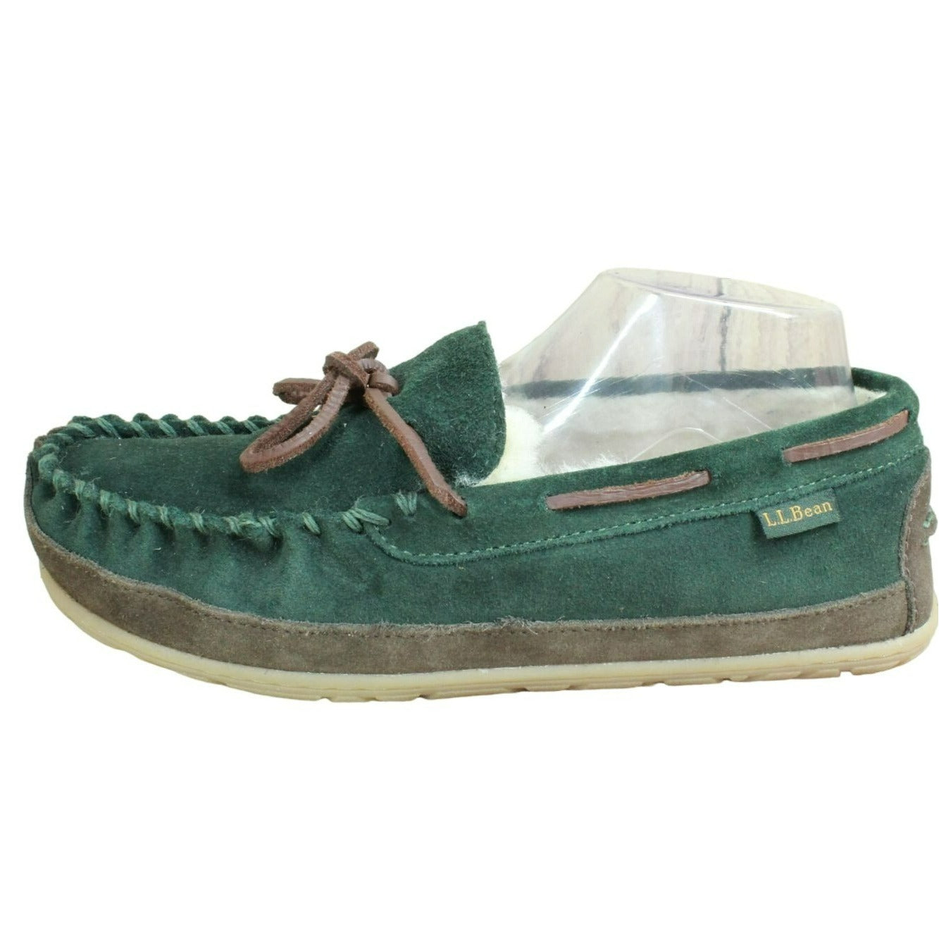 LL Bean Men's Green Suede Wicked Good Shearling Lined Moccasin Slippers Size 8 M