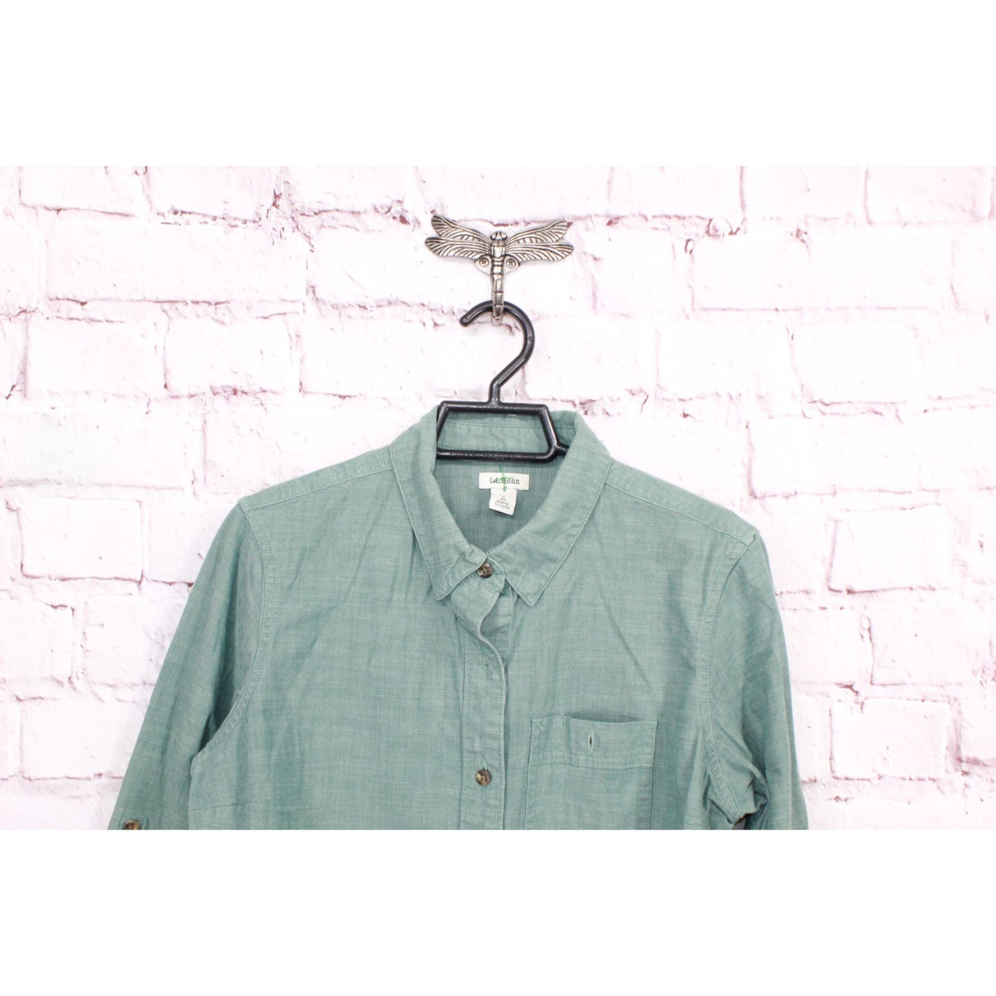 LL Bean Women's Heather Green Cotton Long Sleeve Button Up Shirt Size S