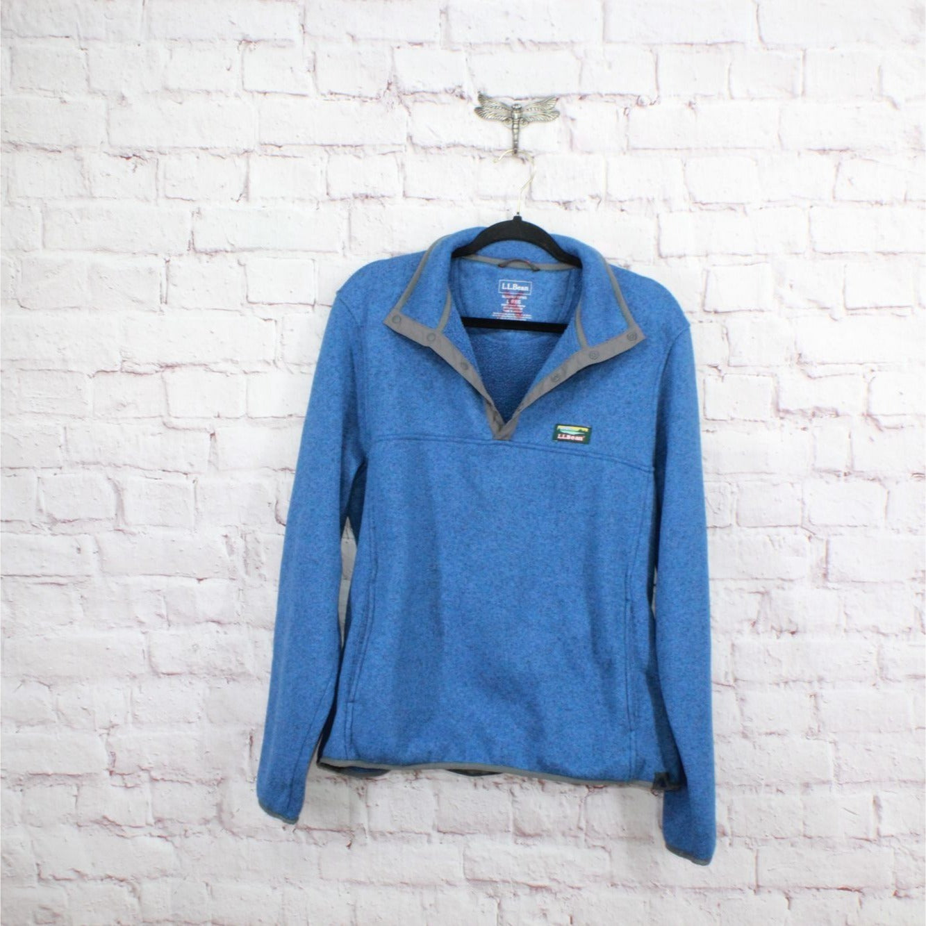 LL Bean Men's Sweater Fleece Pullover Slightly Fitted Quarter Snap Blue Size L