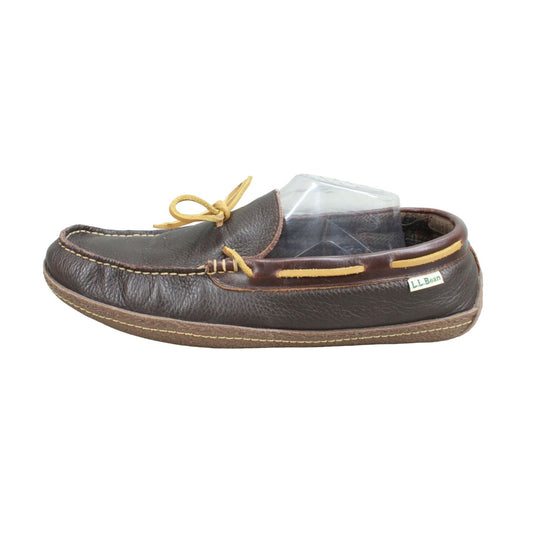 LL Bean Men's Handsewn Slippers Flannel Lined Rawhide Laces Leather Brown 12 M