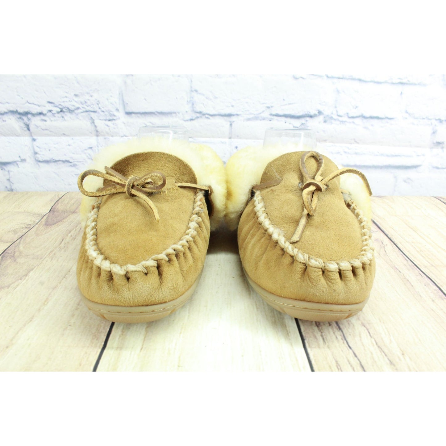 LL Bean Women's Brown Suede Wicked Good Shearling Lined Moccasin Slippers Sz 8 M