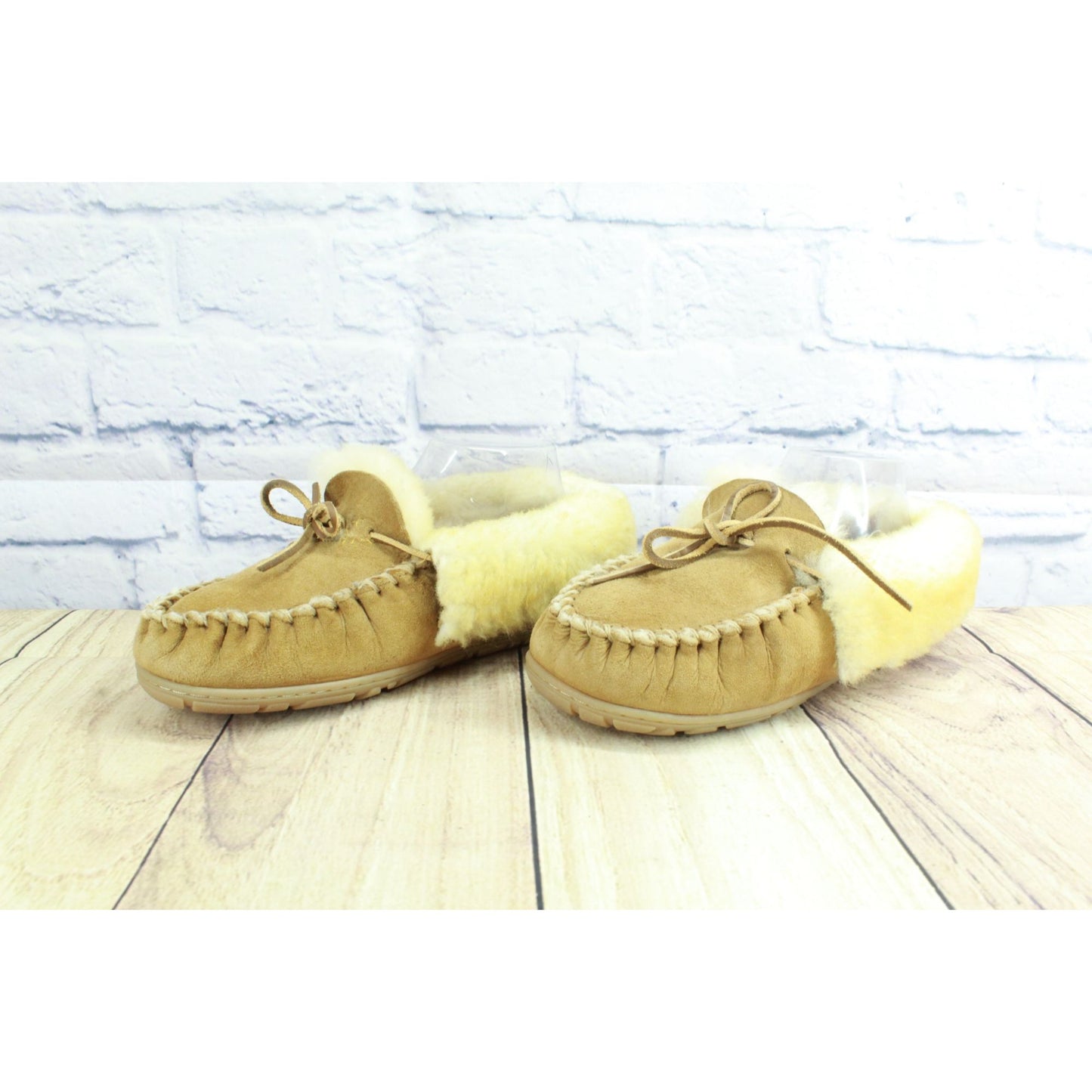 LL Bean Women's Brown Suede Wicked Good Shearling Lined Moccasin Slippers Sz 8 M