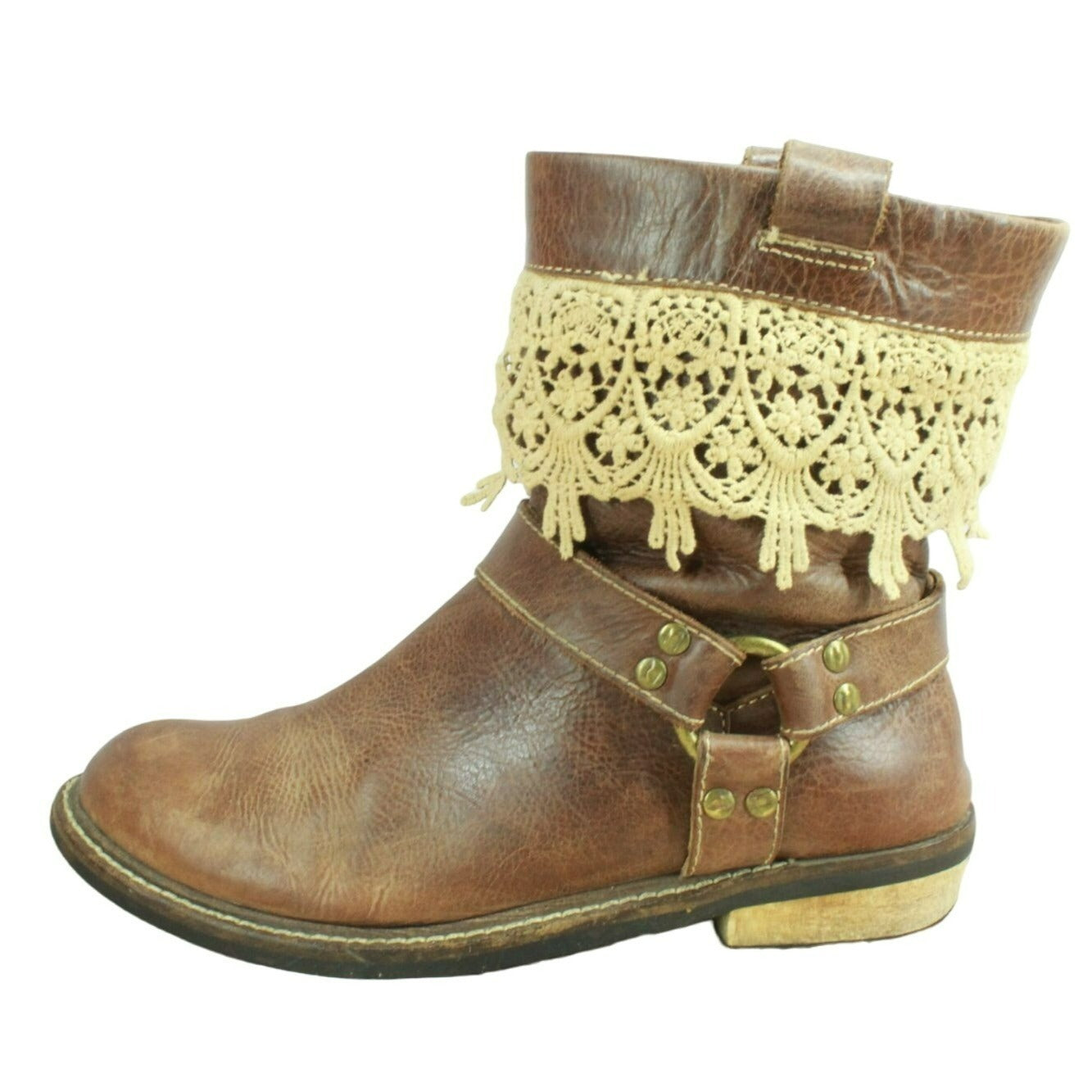 Latigo Zephyr Women's Brown Leather Crochet Trim Harness Ankle Boots Size 7 M