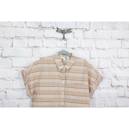 LL Bean Women’s Signature Plaid Short Sleeve Buttons Up Front Pocket Tan XXS