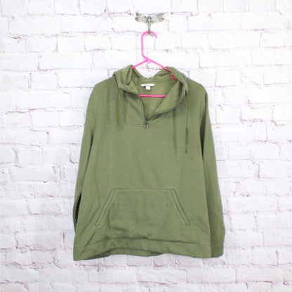 LL Bean Women's Signature Quarter Zip Hooded Sweatshirt Olive Green Size L